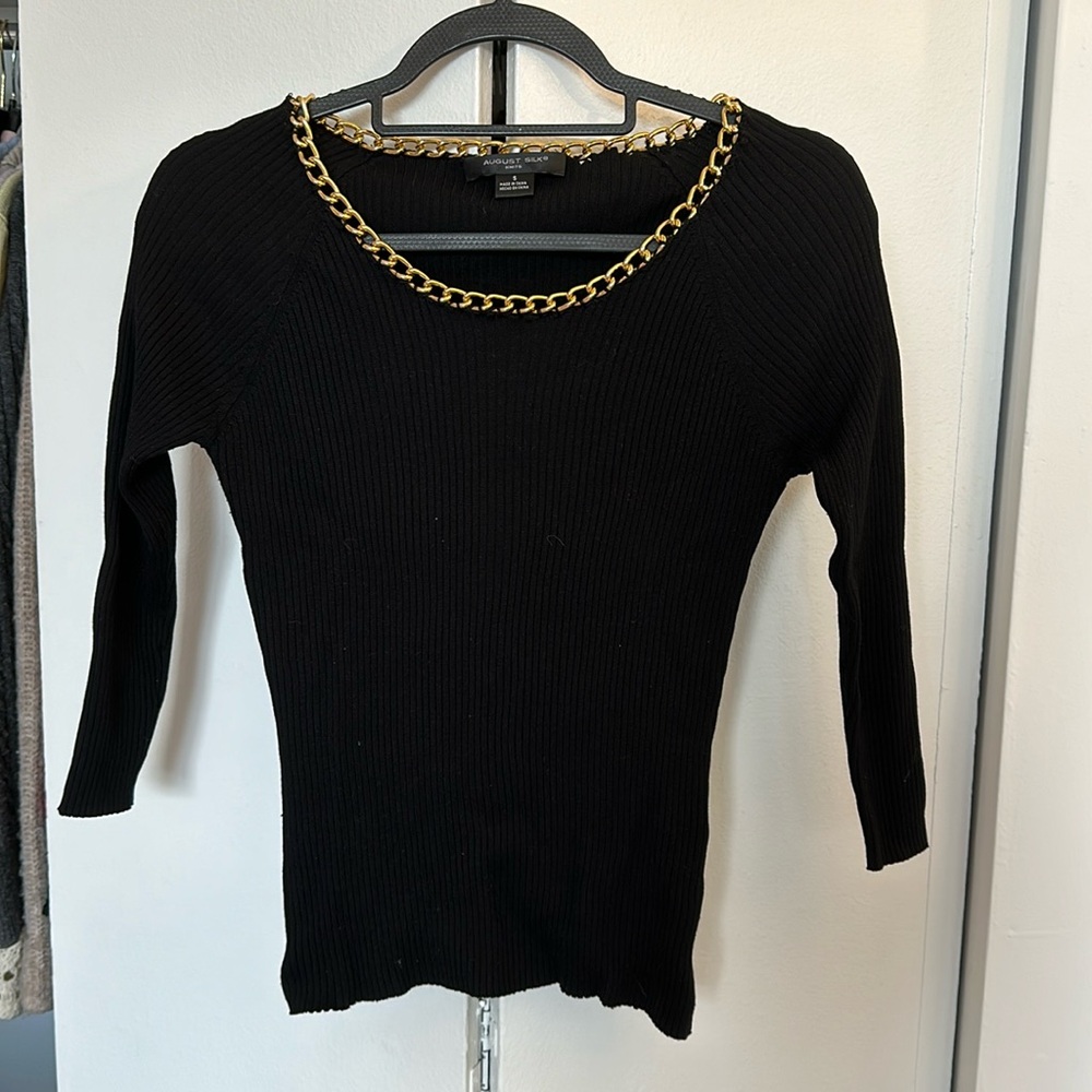 Black 3/4 sleeve ribbed top gold hardware neckline